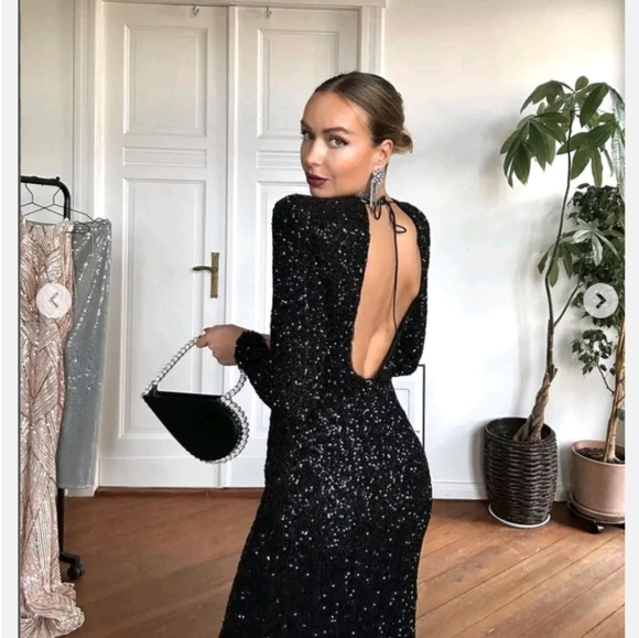 Zara SEQUIN MAXI DRESS GOWN BLACK SIZE XS - Picture 5 of 16